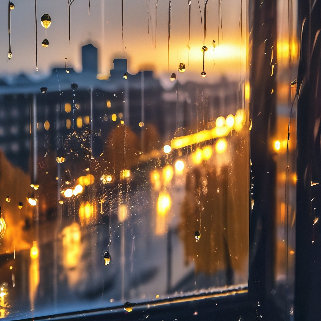Close-up of raindrops on a window with a blurred golden city sunset and soft bokeh lights in the background
